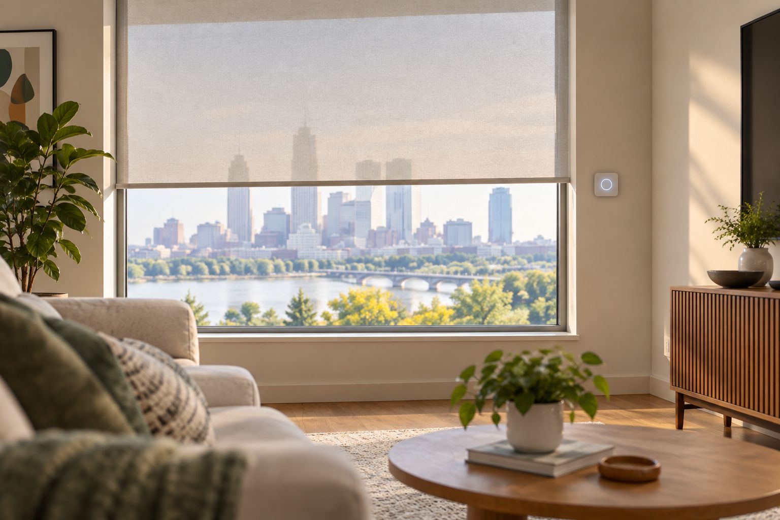 Motorized roller shade with wall-mounted control hub in a living room