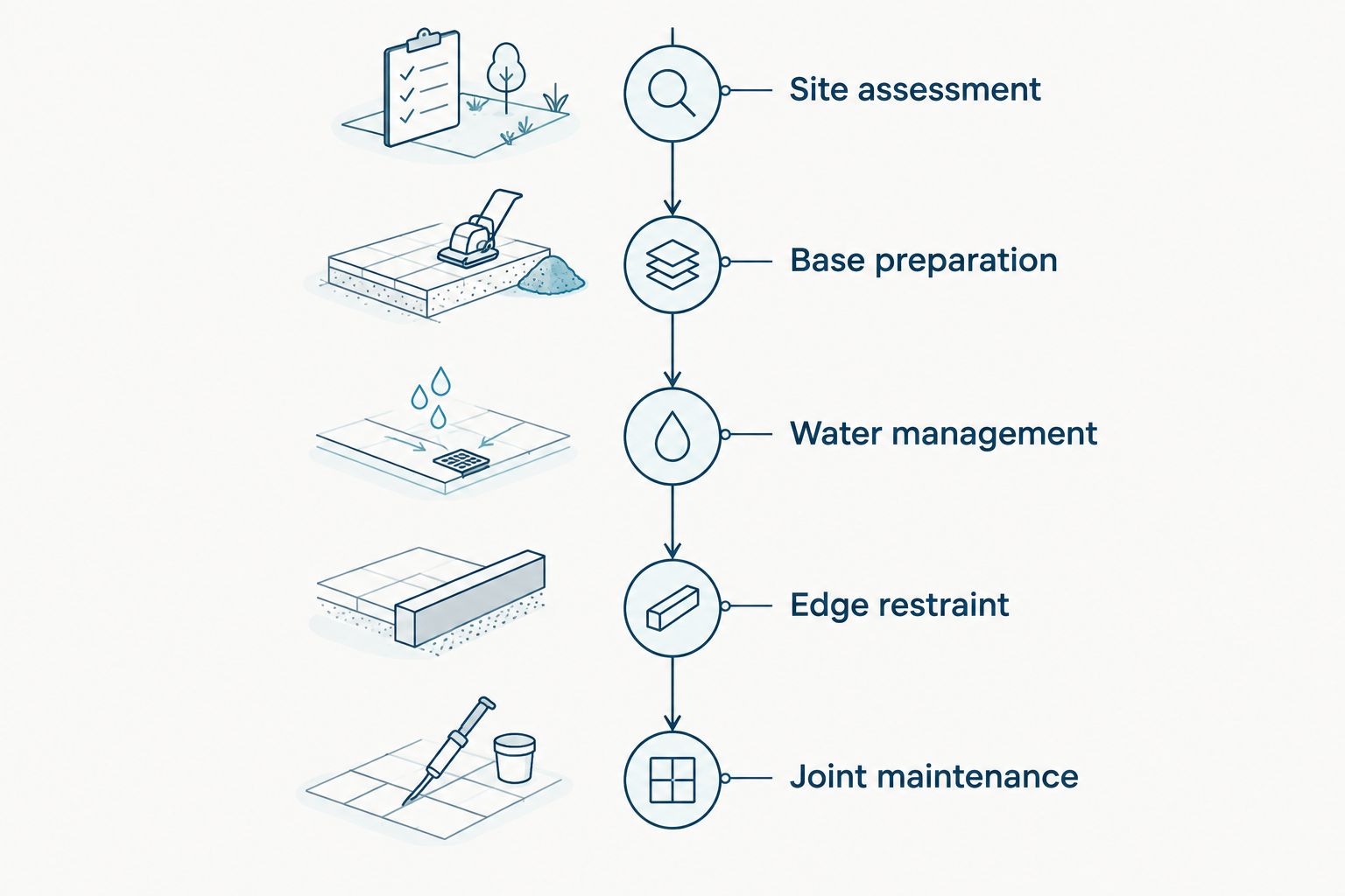 Five patio construction stages from site assessment through joint maintenance