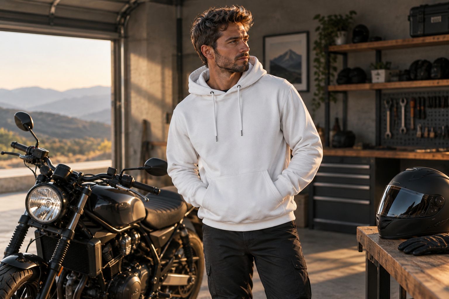 Rider wearing a white hoodie beside a parked motorcycle in a garage