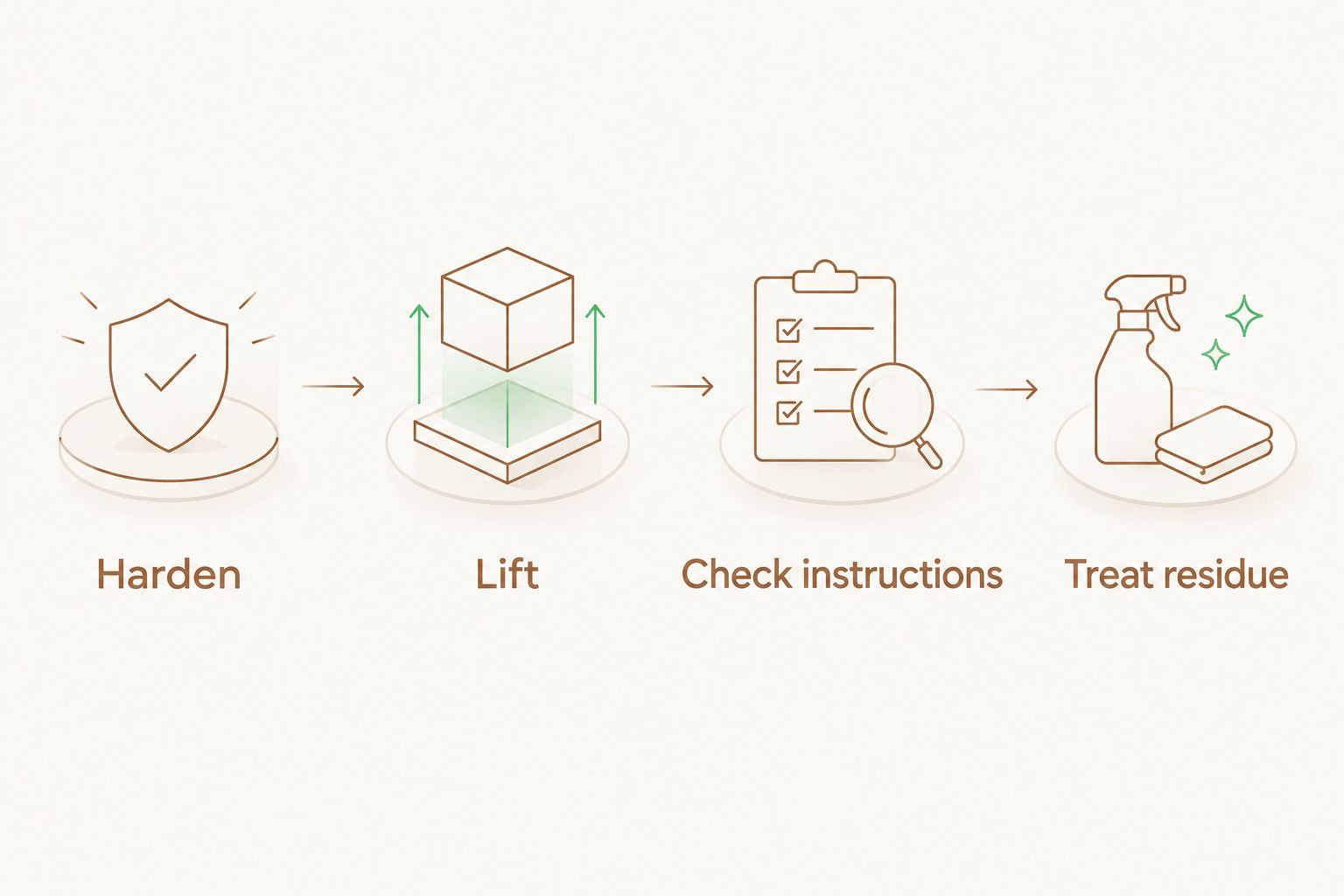 Wax cleanup sequence: harden, lift, check instructions, and treat residue