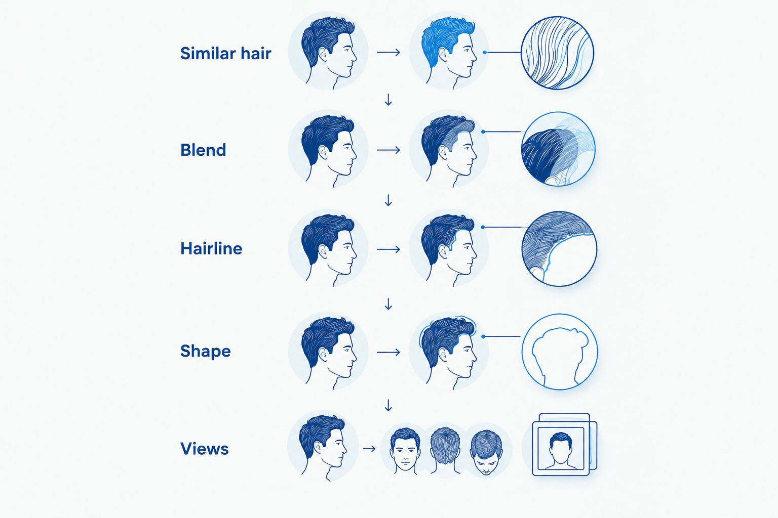 Five checks for haircut photos: similar hair, blend, hairline, shape, and views.