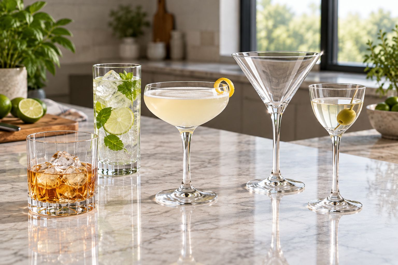 Rocks, highball, coupe, martini, and Nick and Nora glasses showing their different shapes