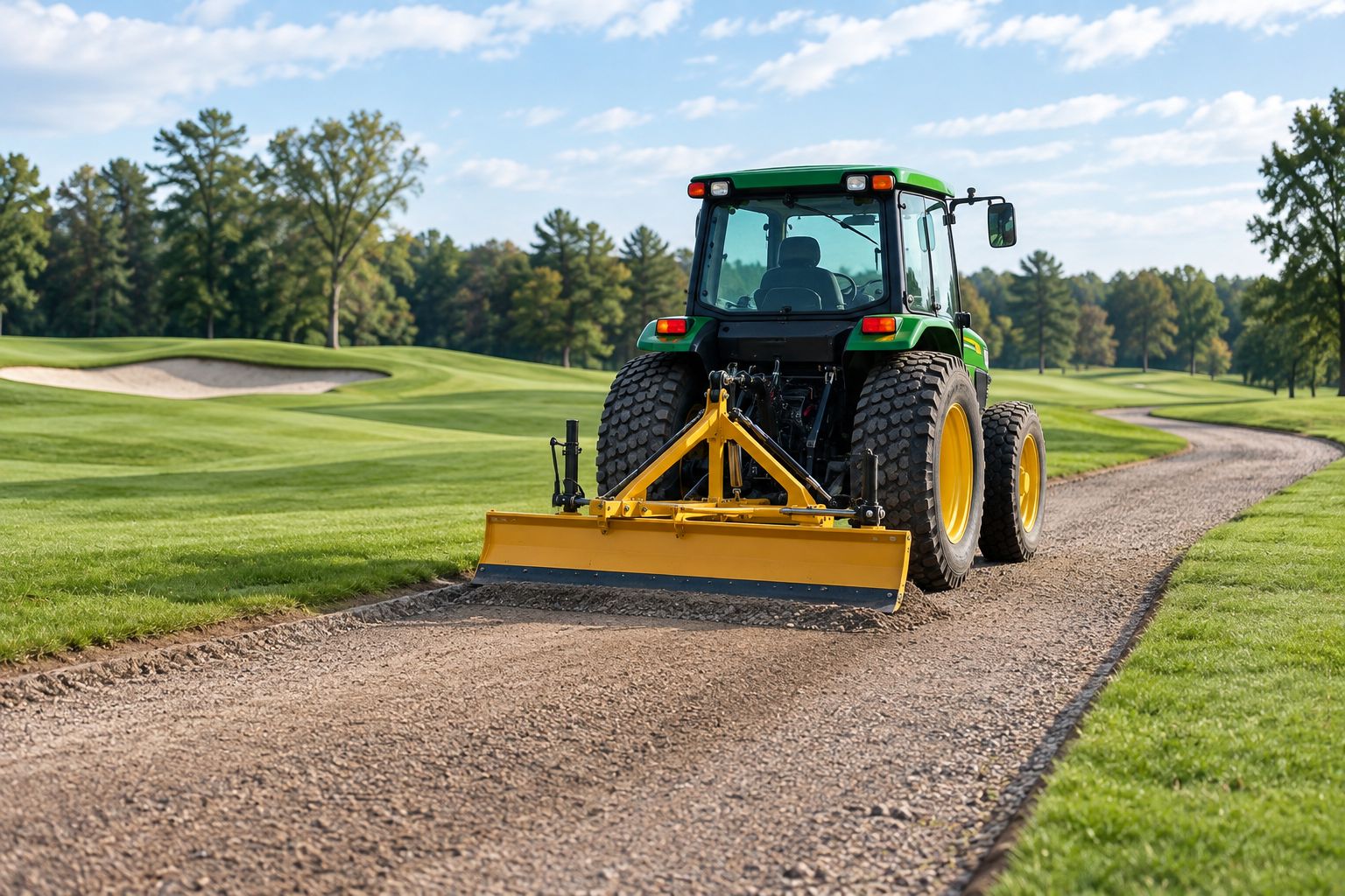 Rear grader blade working within a gravel service track beside intact golf course turf