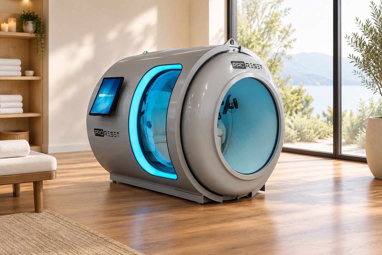 Modulare Zwei-Personen-Hyperbarkammer in einem ruhigen Wellnessraum mit Holzboden