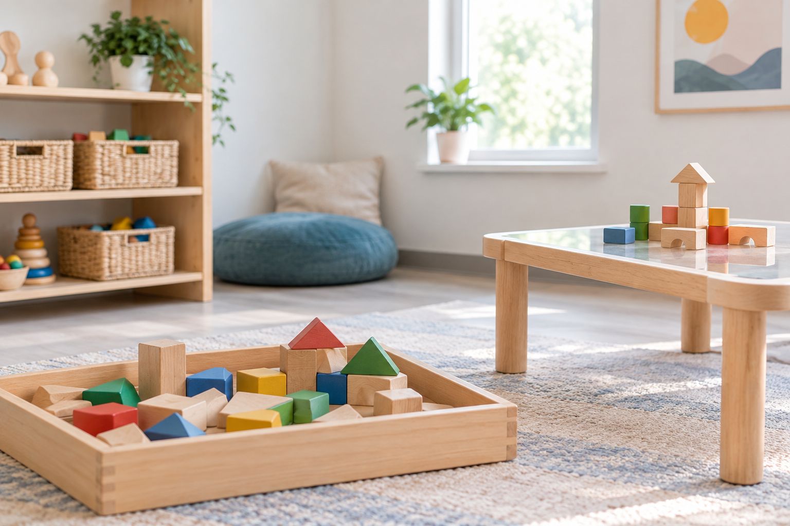 Accessible wooden blocks beside a clear low table in an uncluttered playroom