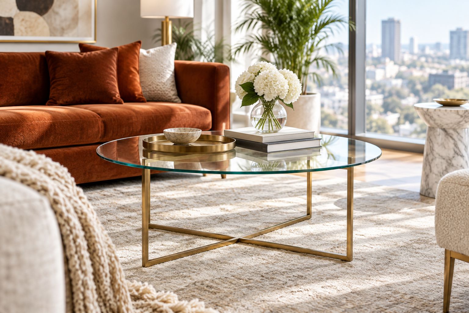 Styled glass cocktail table with brass base in a bright glamorous living room