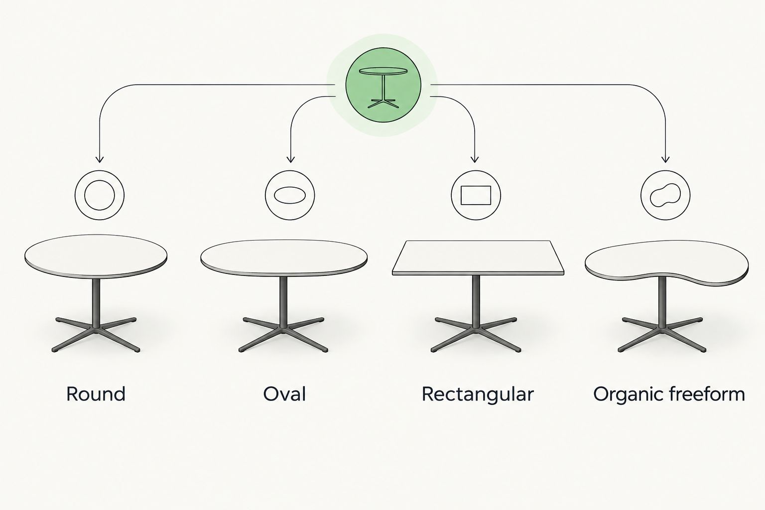 Four glass cocktail table shape options compared side by side