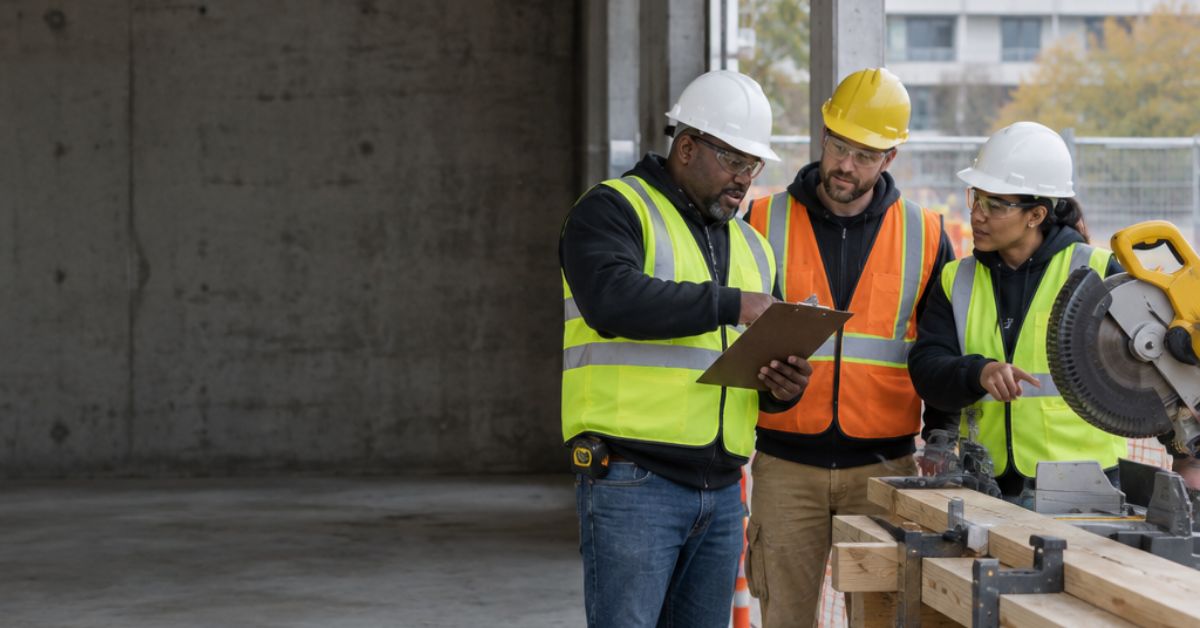Illustrative construction-site scene: a supervisor reviews an unreadable task plan with two crew members beside a stationary guarded saw and work-area controls.