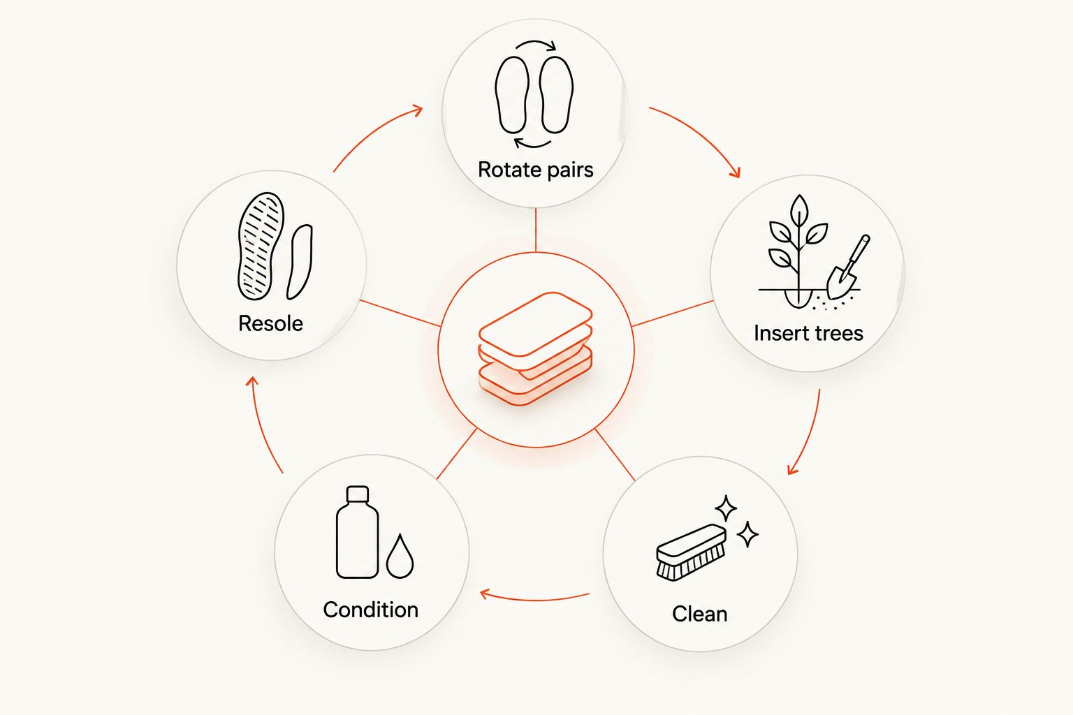 Care loop for leather dress shoes from rotating pairs to resoling