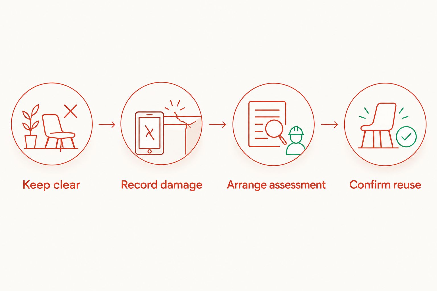 Four steps after a safe falls: keep clear, record damage, arrange assessment and confirm reuse.