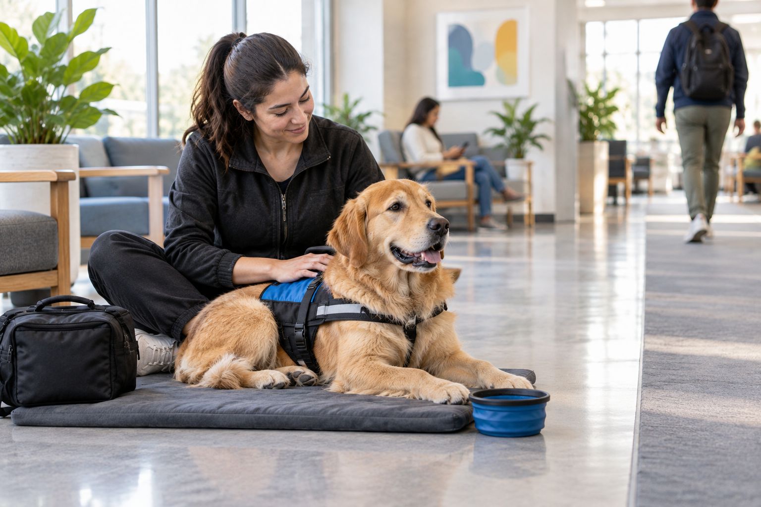 Dog resting on a compact mat beside a handler with the walking route kept clear