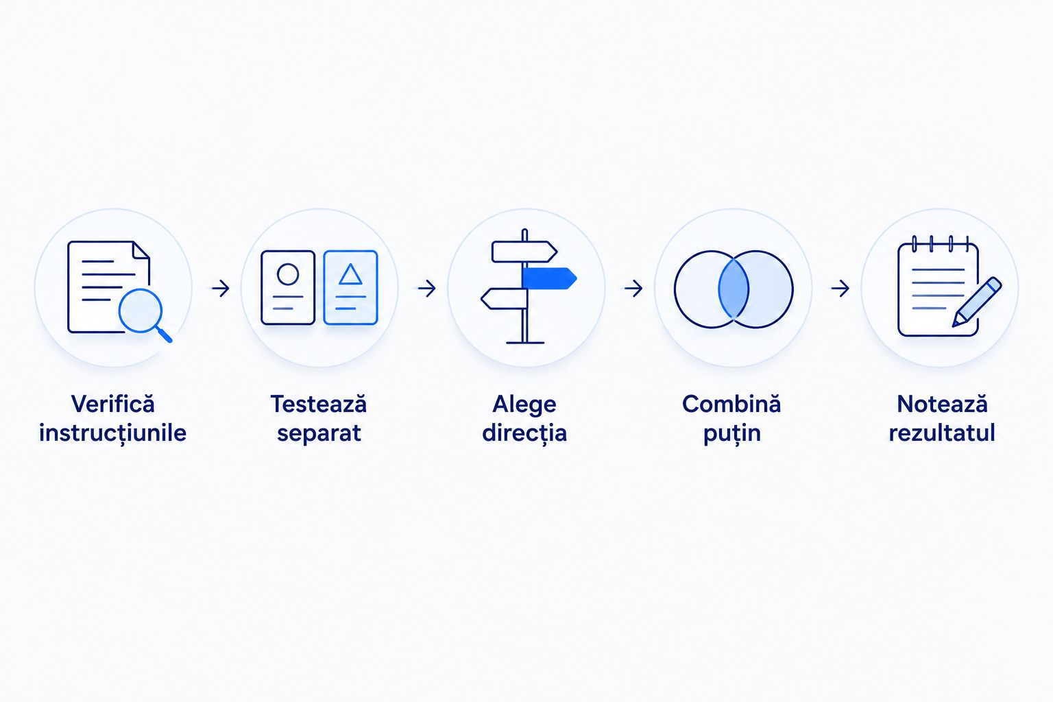 Pașii unui test de amestecare: instrucțiuni, probe separate, direcție, cantitate mică și notițe.