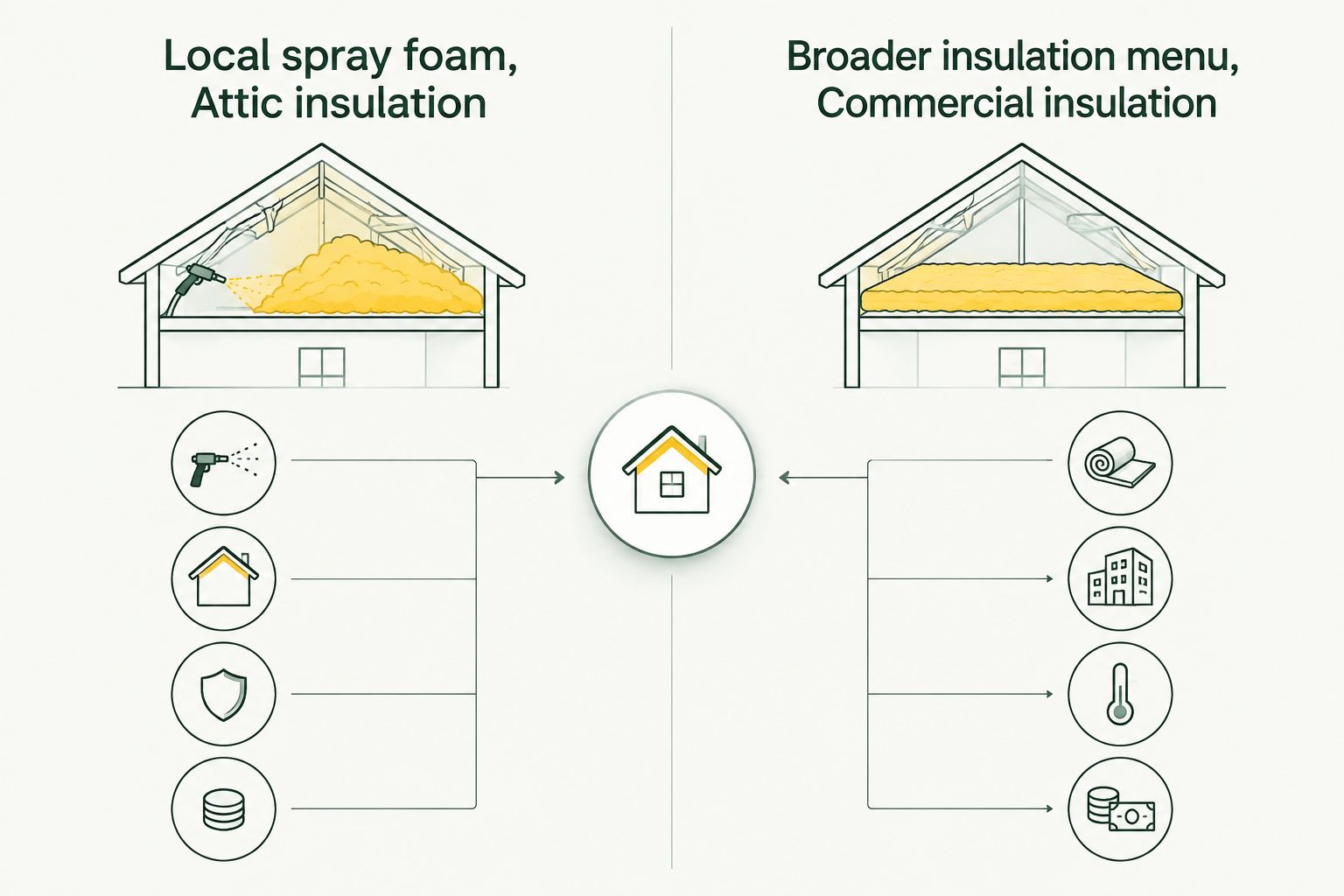 Two-column diagram contrasting local spray foam work with a broader insulation menu