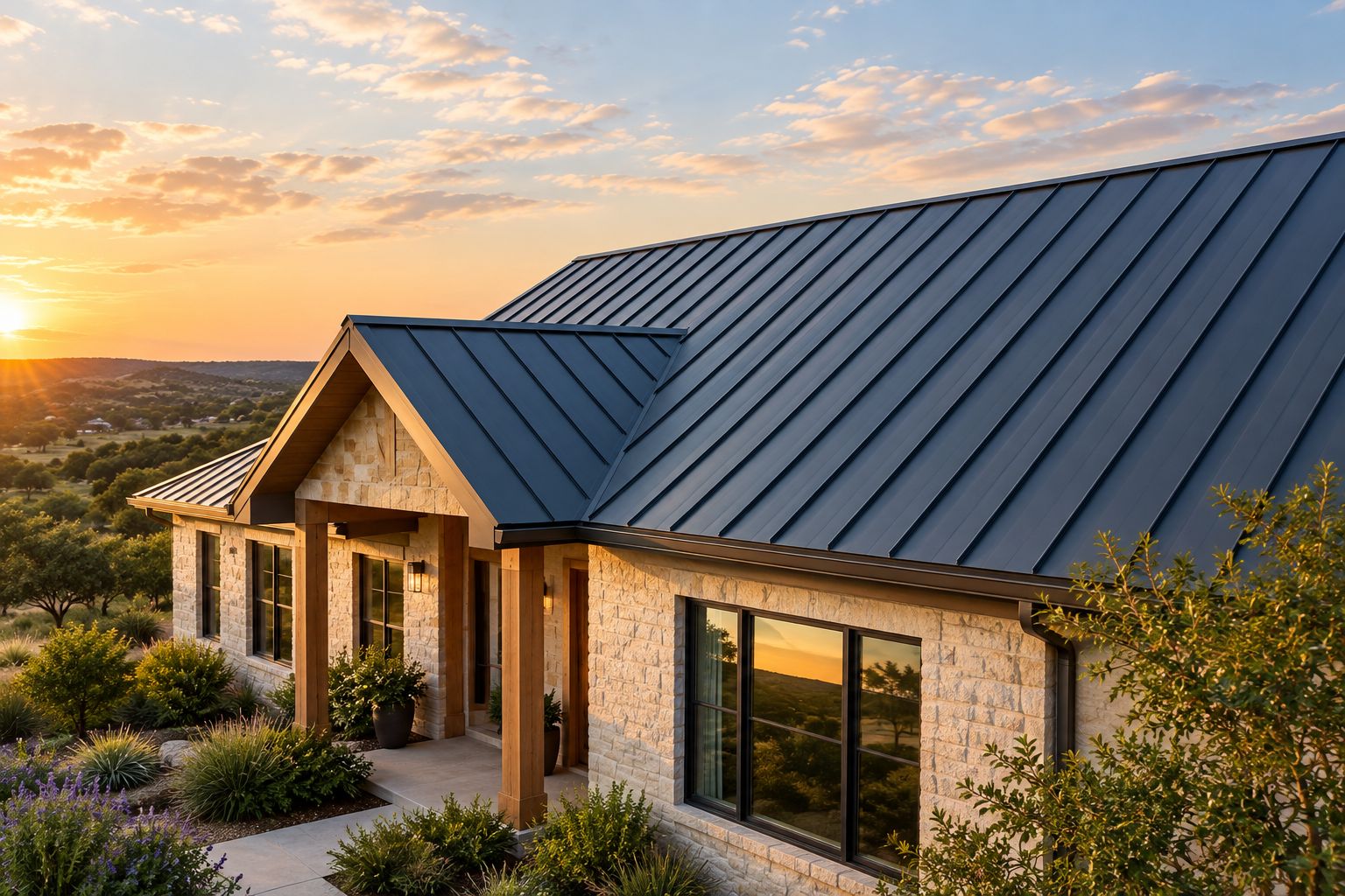 Standing seam metal roof panels on a Texas home