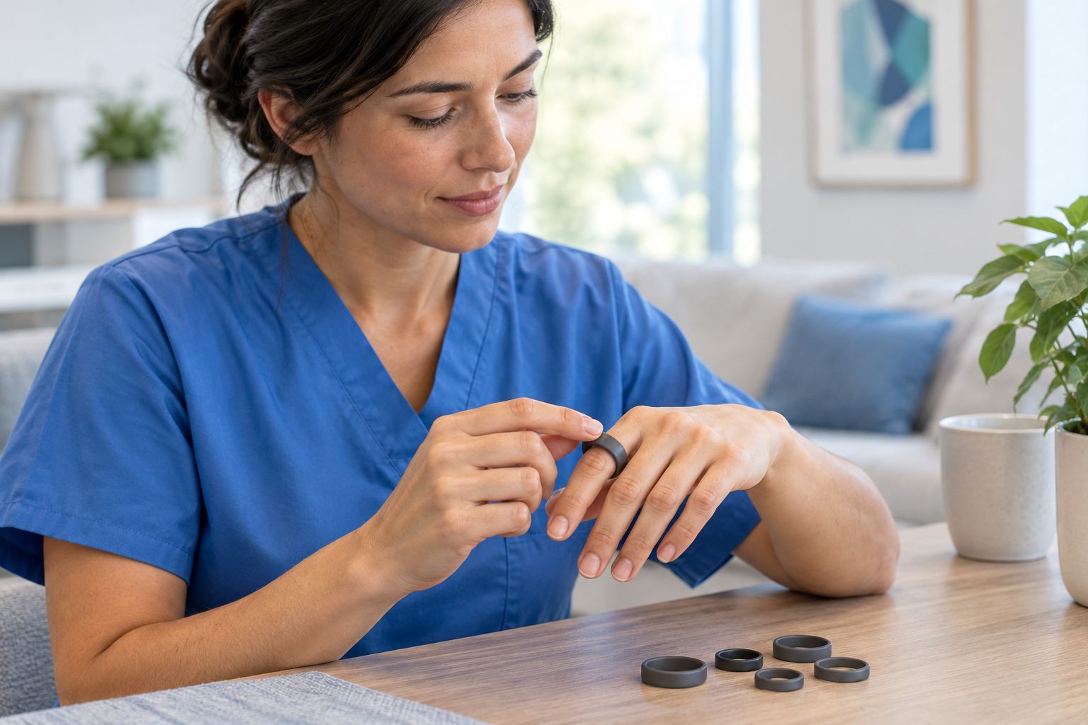 A person testing a ring-sizing sample at home before choosing a wearable