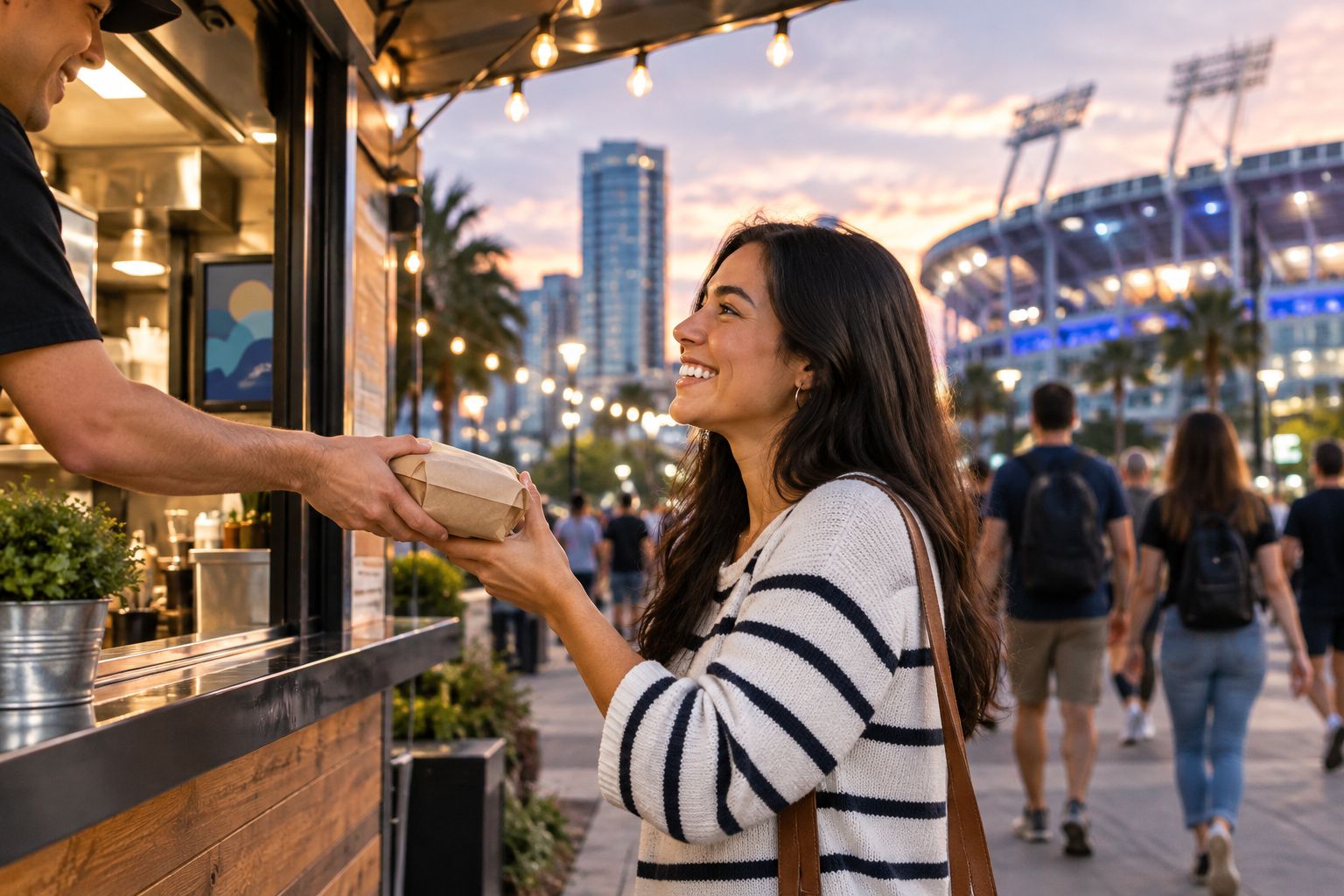 Customer picking up a to-go order at a walk-up food stand window