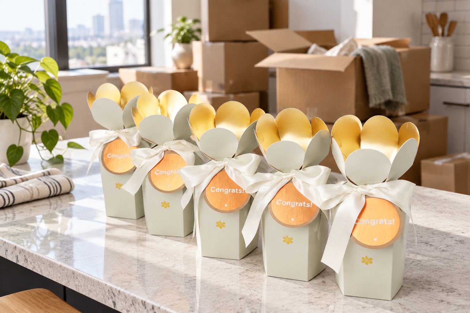 Gift box opened on a kitchen counter surrounded by moving boxes