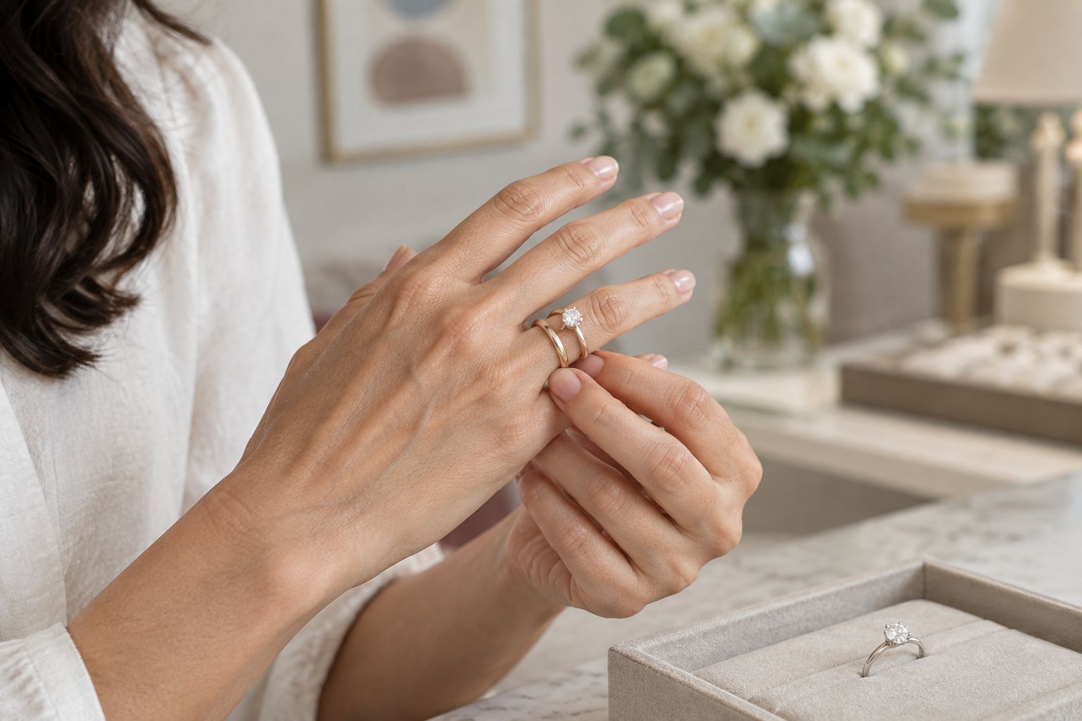 Wedding band tried on beside an engagement ring to check how the rings sit together