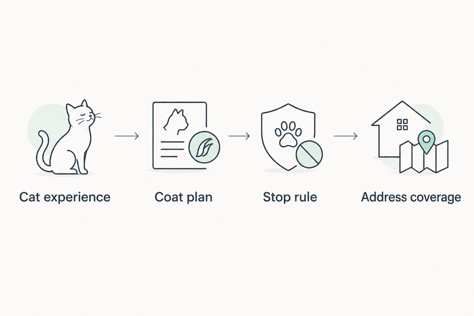 Four screening steps: cat experience, coat plan, stop rule, and address coverage