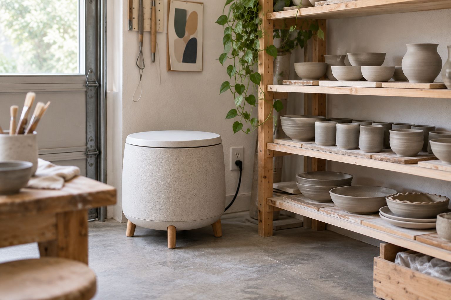 120V home studio kiln in a garage pottery corner