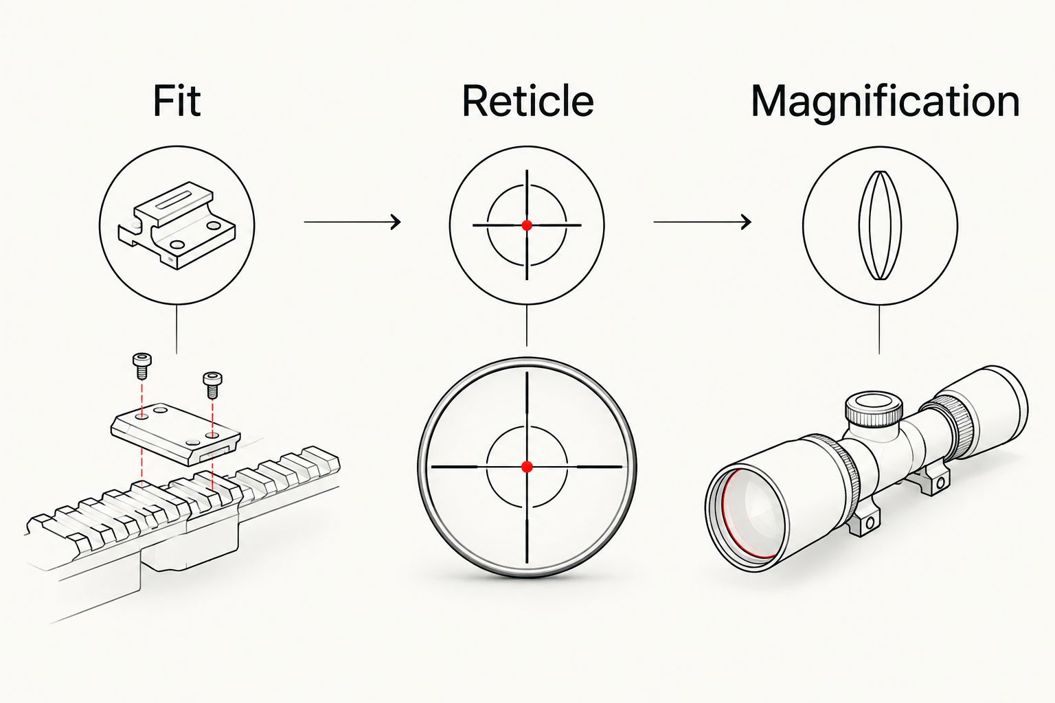Three separate optic selection checks: fit, reticle and magnification