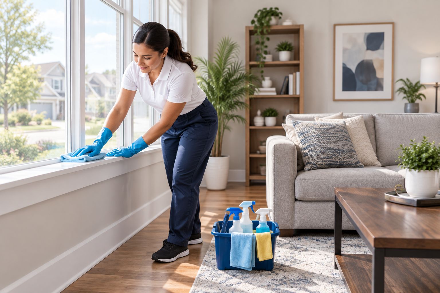Cleaner wiping a window sill in a tidy living room during a house cleaning visit