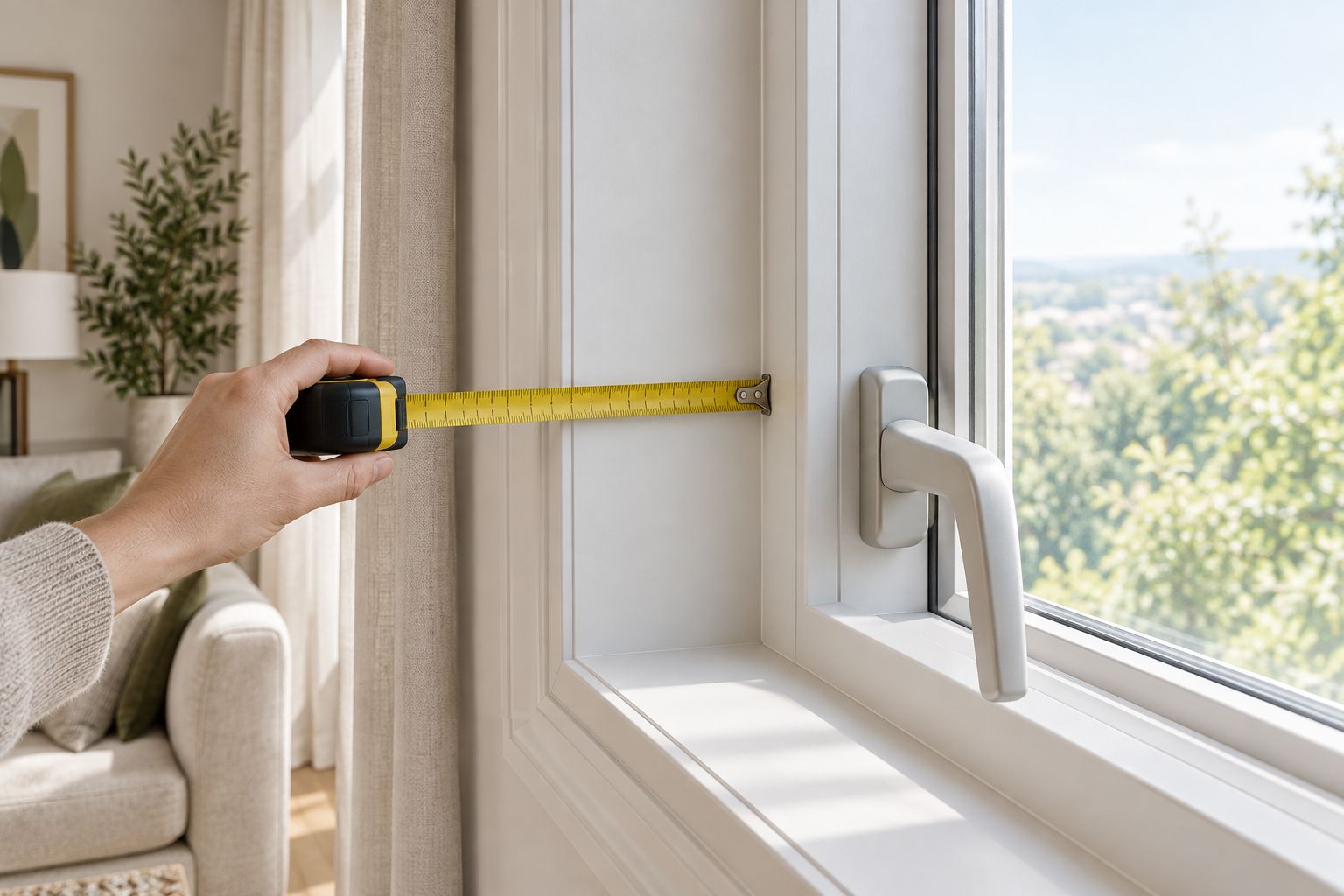 Finished window recess showing trim depth and a projecting handle