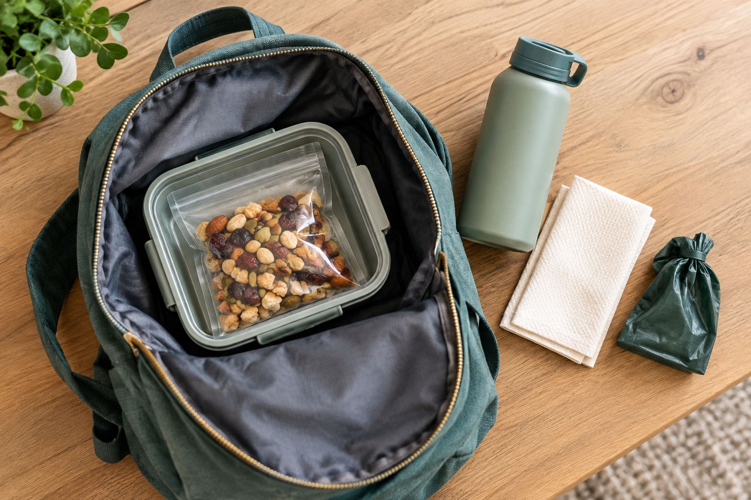 A snack pouch protected in a rigid container beside a water bottle, napkins, and a waste bag.