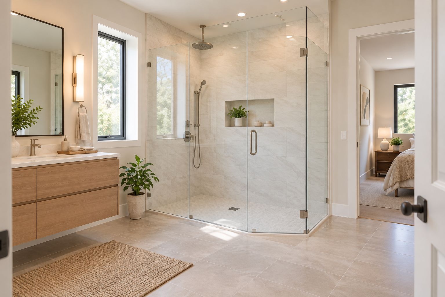 Clear frameless shower enclosure with visible tile and an unobstructed bathroom access route