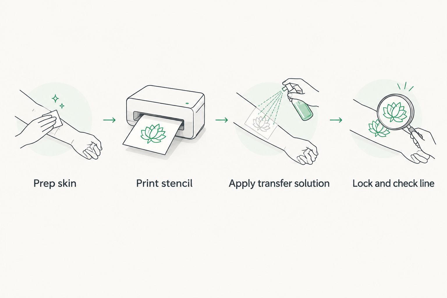 Four-step diagram of the stencil transfer workflow from prep to lock