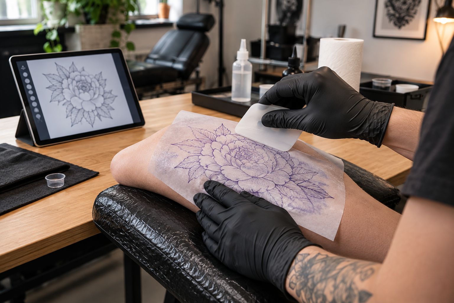 Gloved hands pressing a stencil onto prepped skin during transfer