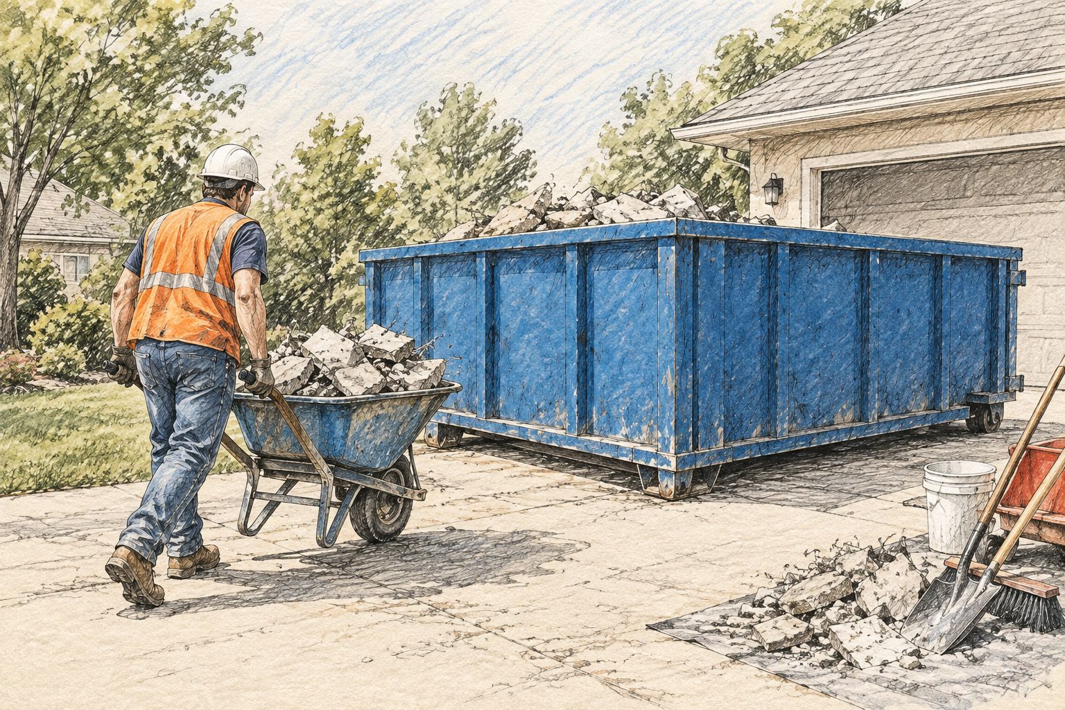 Worker loading broken concrete into a blue steel roll-off container on a driveway