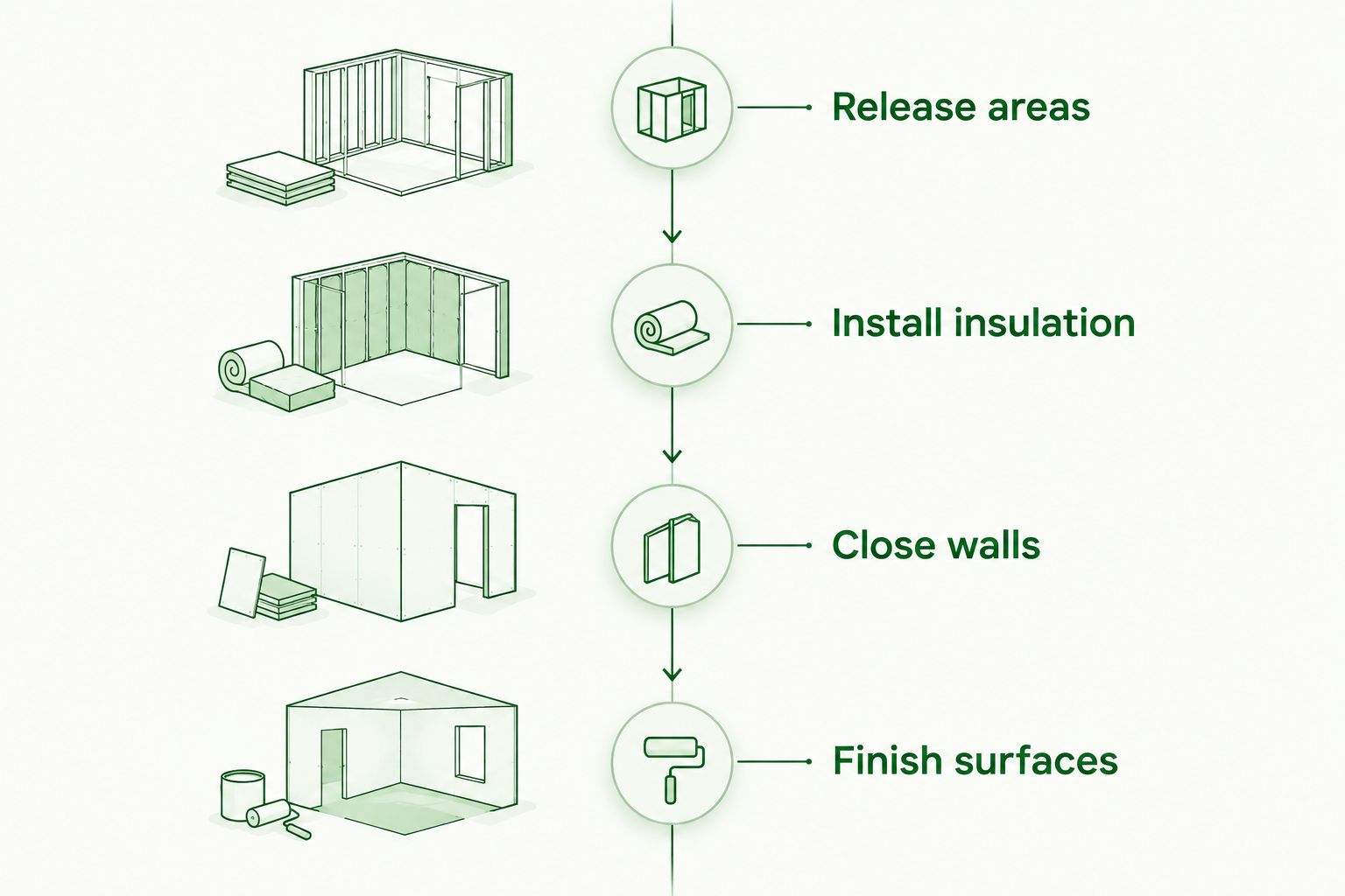 Four release gates for coordinating insulation, wall closure, and surface finishing