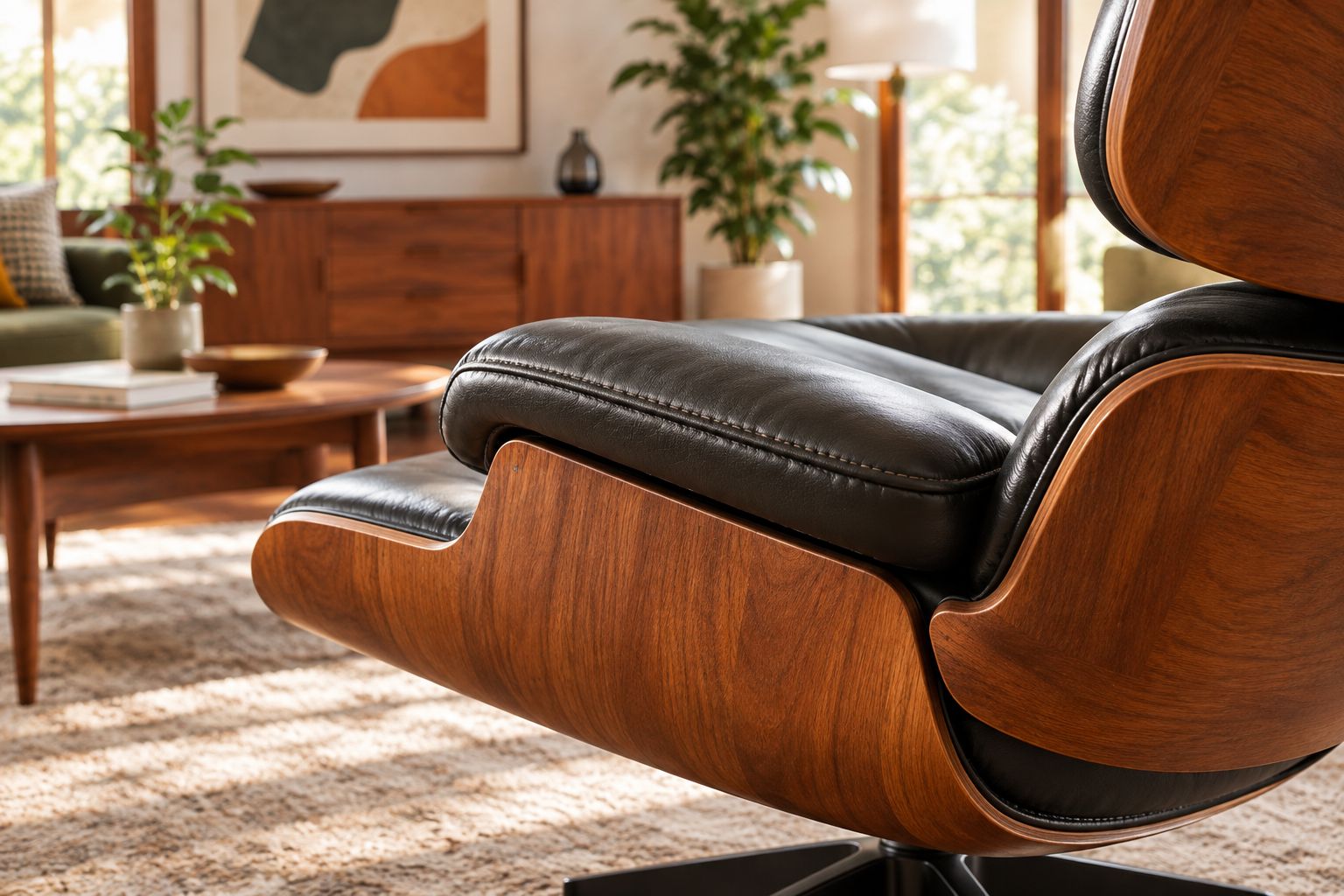 Primer plano de una unión de estructura de madera y tapicería de piel en un sillón lounge de estilo Mid-Century