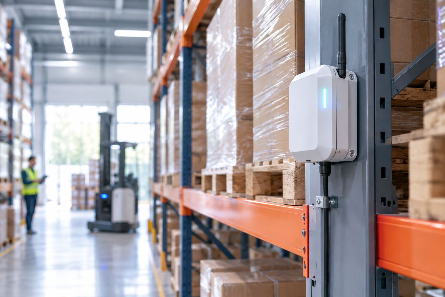 Industrial LoRaWAN gateway mounted in a warehouse aisle