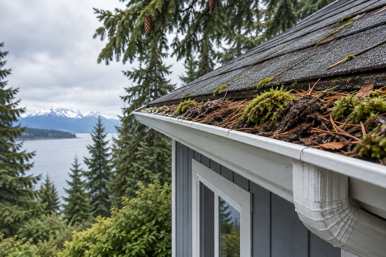 Gutter packed with moss and pine needles under overhanging spruce trees