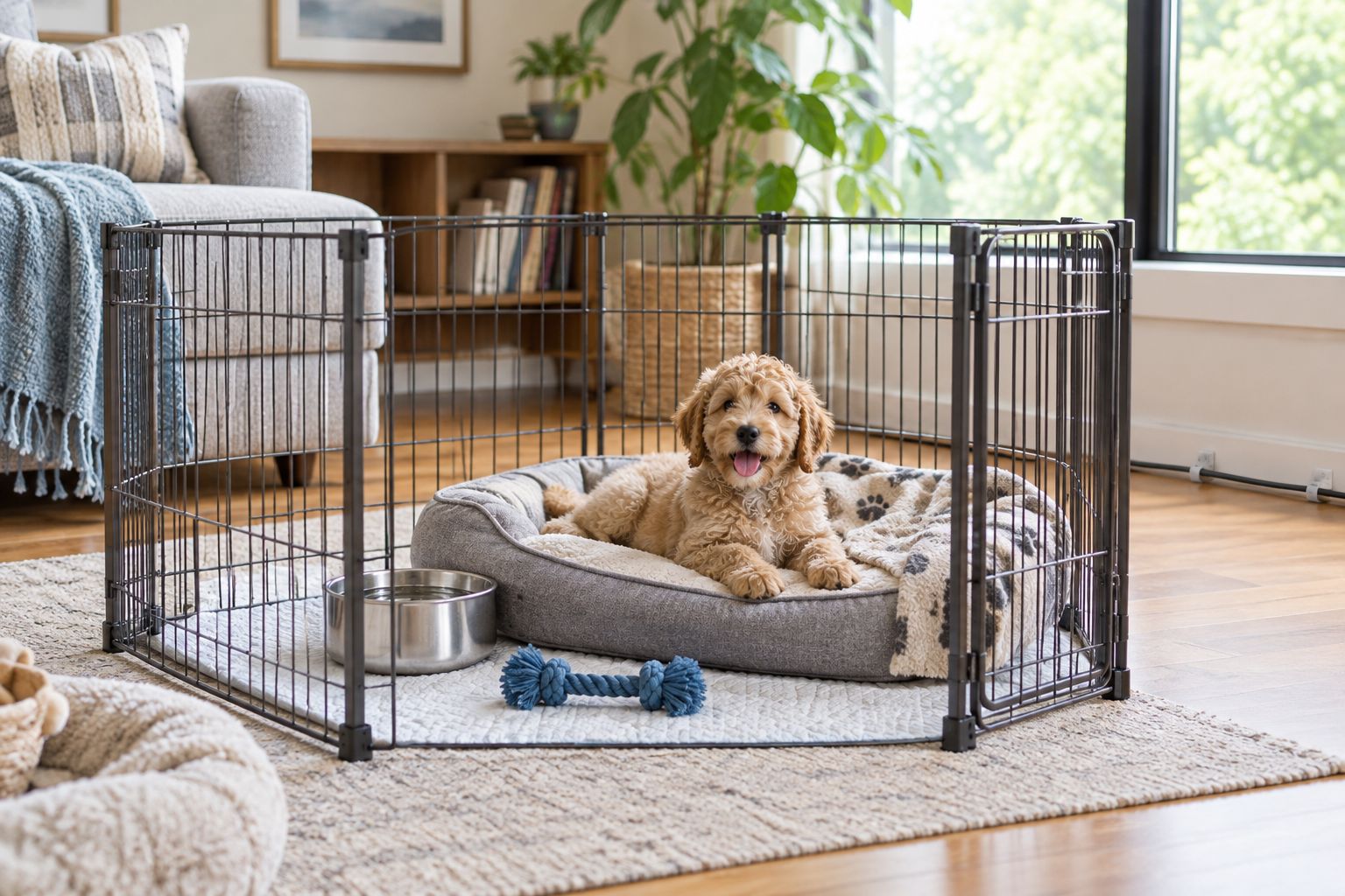 A quiet puppy area with washable bedding, water, and a chew toy, separated from household hazards.