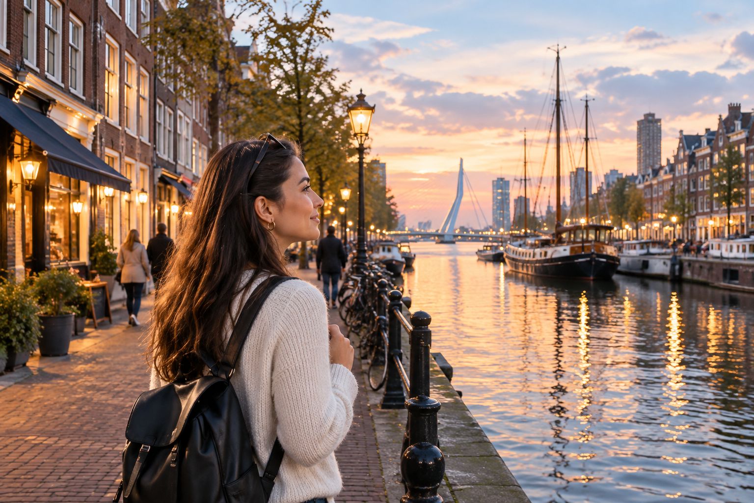 Canal-side street in a historic Dutch harbor neighborhood at dusk