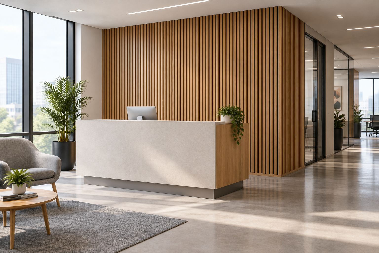 Office reception slat wall with a visible panel edge and clear doorway access