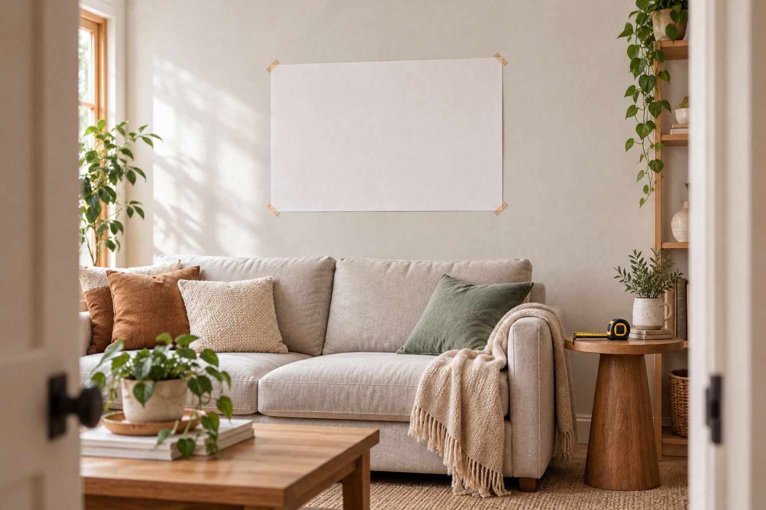 Paper outline above a sofa showing the proposed artwork footprint and surrounding wall space