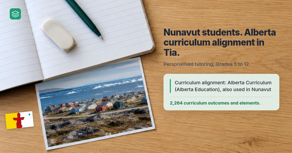 A lined workbook and pen on a Nunavut homework desk beside a territorial flag and Arctic community image, with an example Alberta curriculum progress-report line