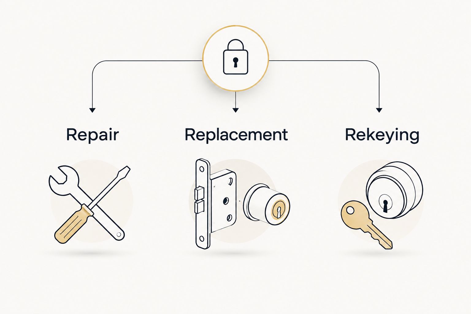 Repair, replacement, and rekeying shown as different responses to different lock problems.