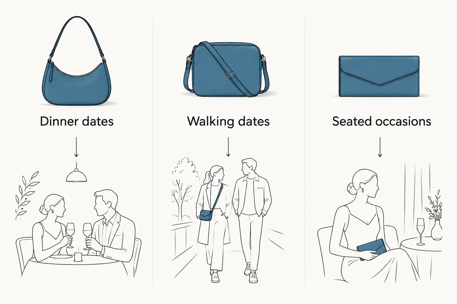 Shoulder bag, crossbody, and clutch compared for dinner dates, walking dates, and seated occasions.