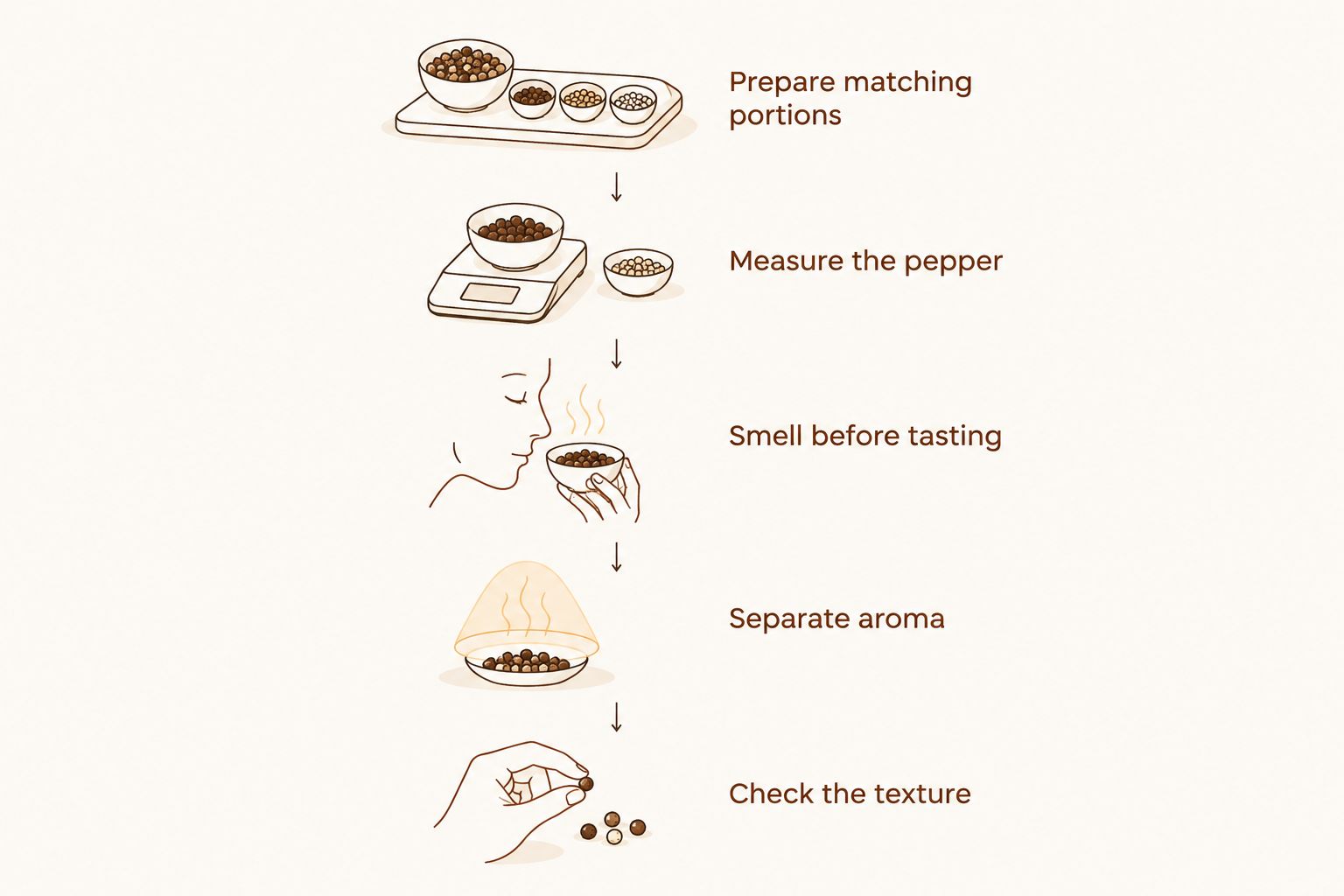 A kitchen comparison separating pepper aroma, pungency and grind texture