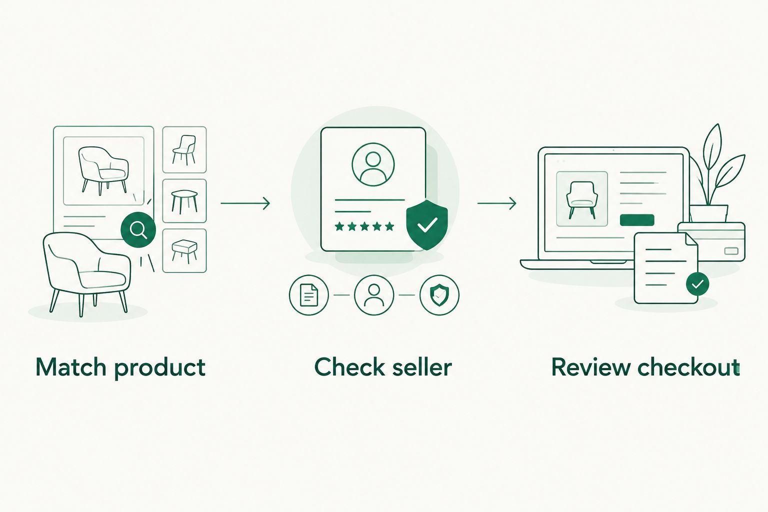 Three purchase checks: match the product, check the seller, and review checkout.