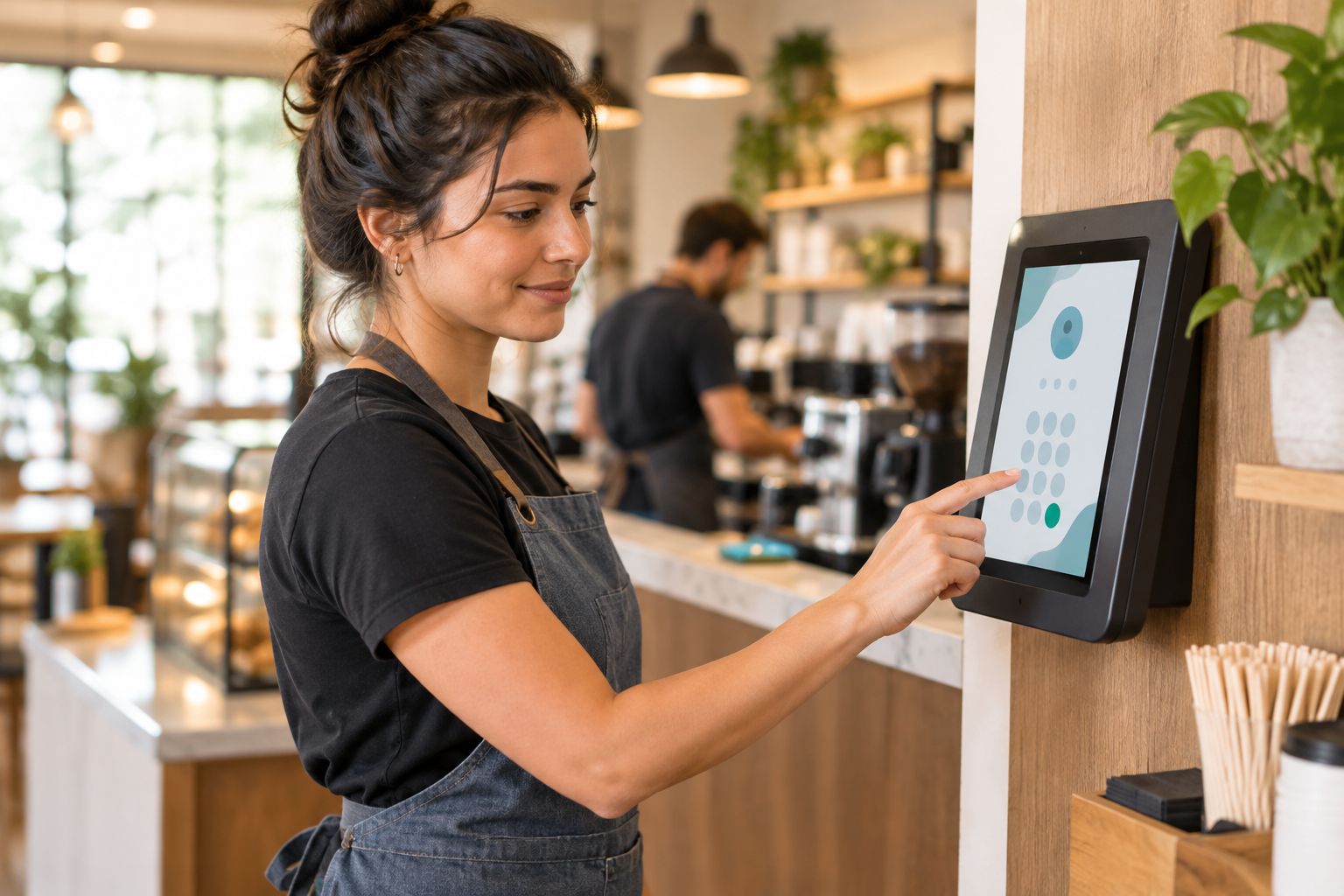 Employee clocking in at a kiosk tablet mounted near a restaurant counter
