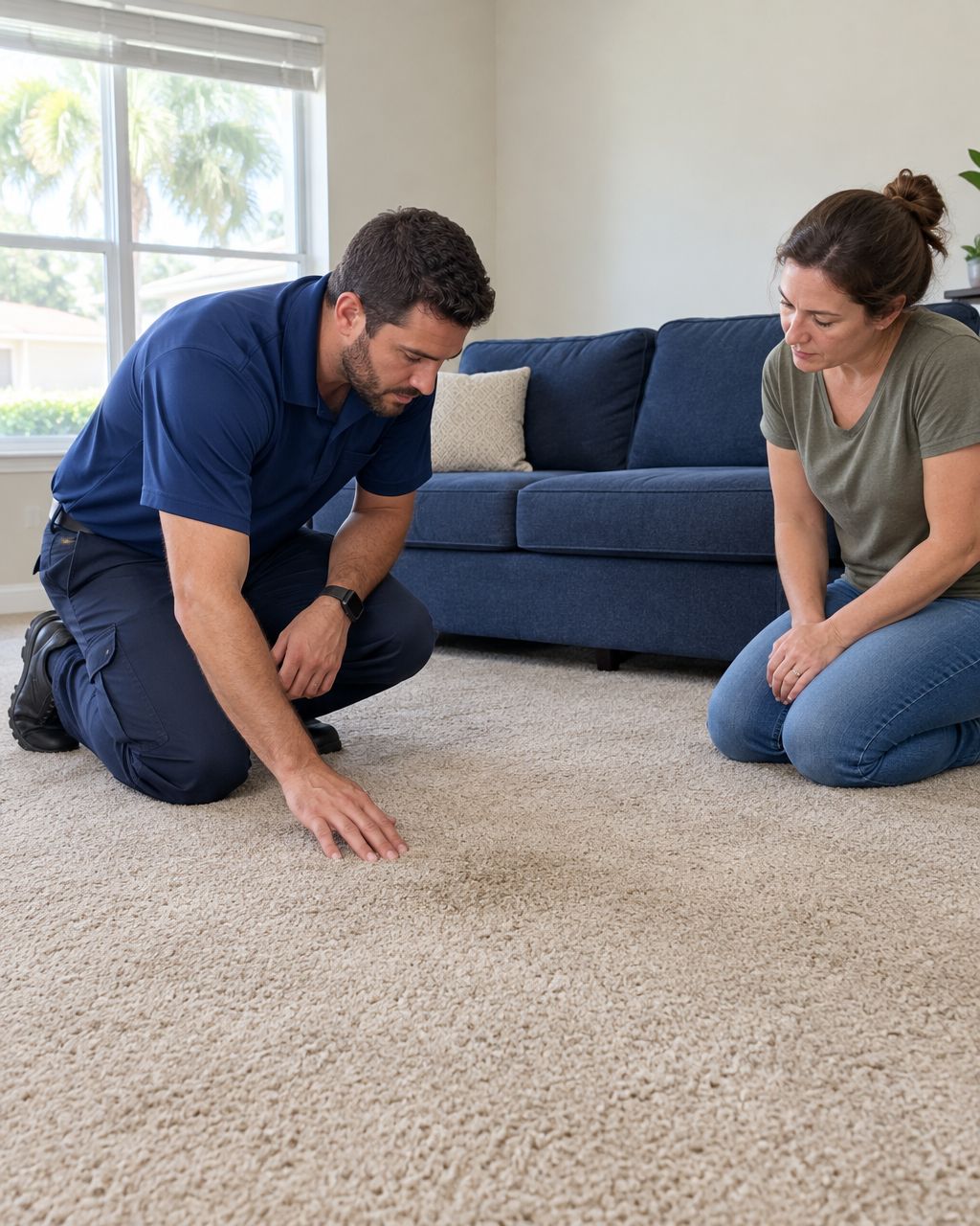 Illustration of a technician inspecting carpet with a homeowner before a cleaning estimate