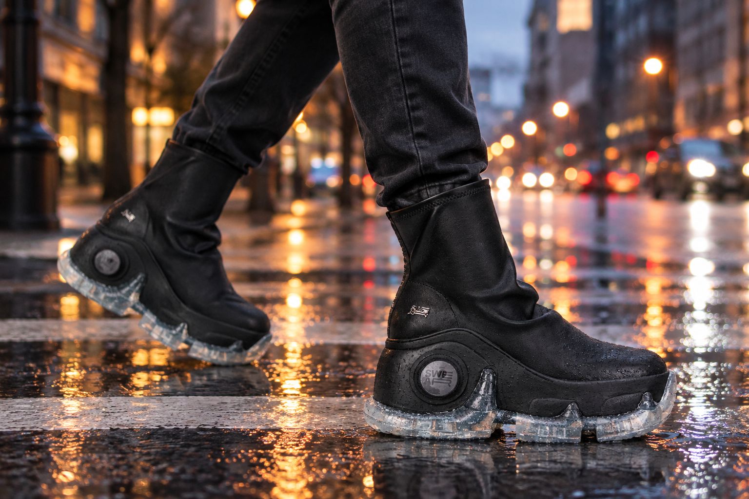 Man wearing black platform boots on a wet city street at dusk