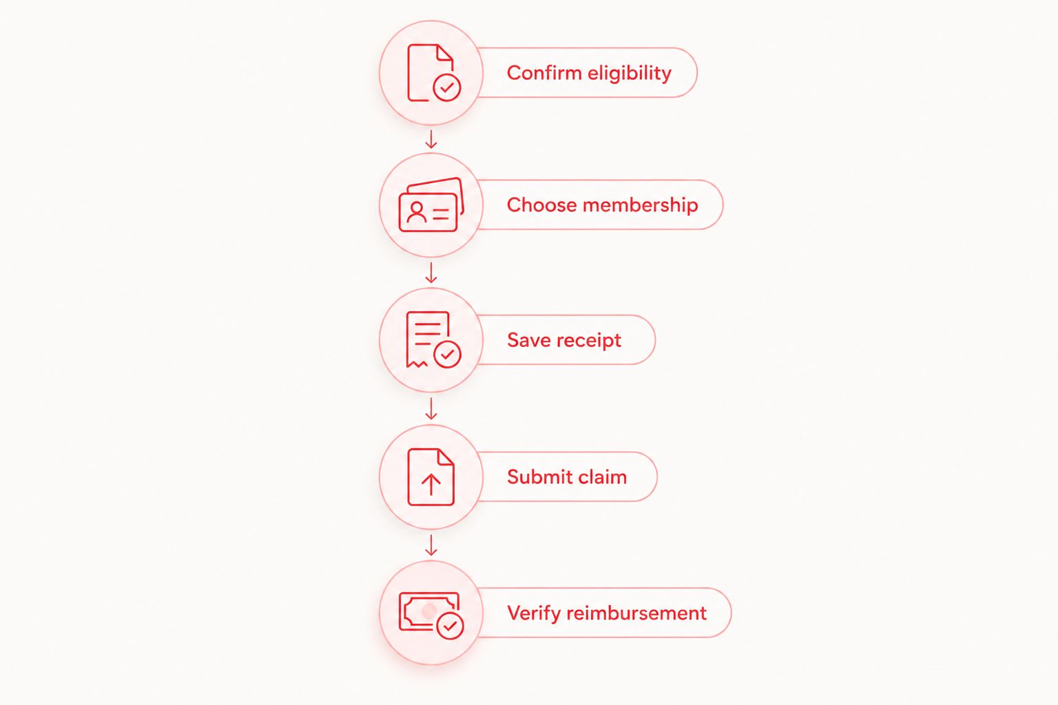 Five stages connecting membership eligibility, payment documentation, and reimbursement