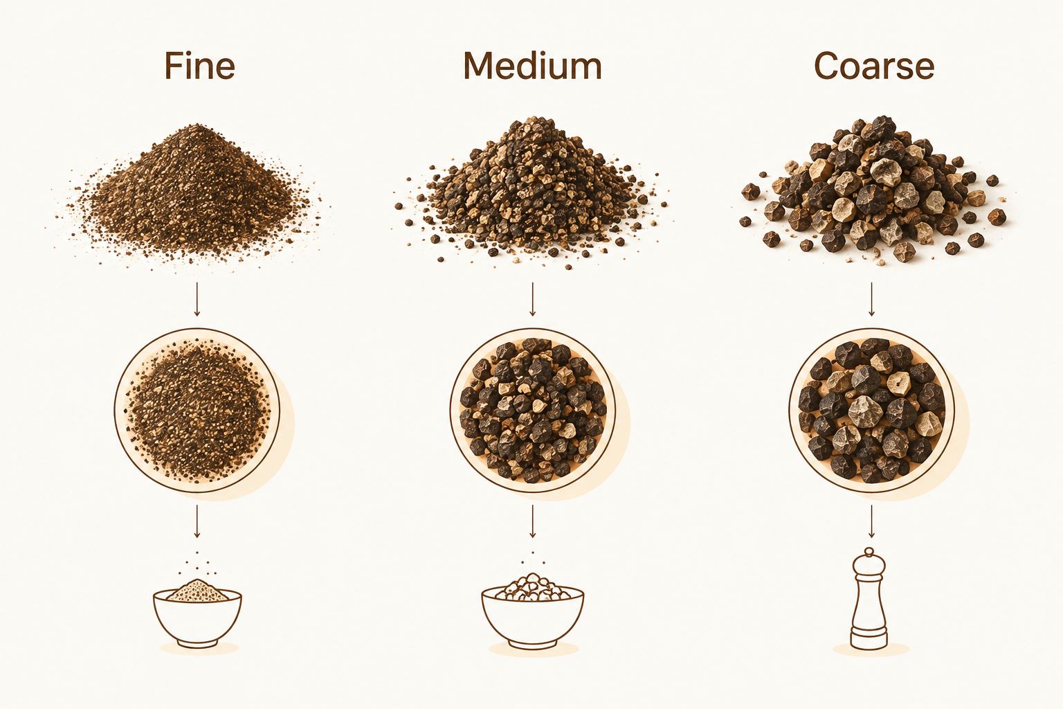 Fine, medium, and coarse pepper textures shown side by side